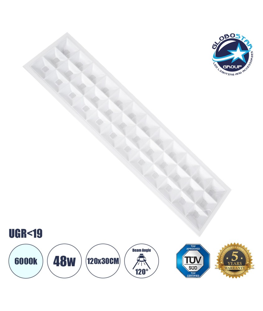 GLOBOSTAR® ZEUS 60971 Χωνευτό Panel Οροφής 120x30 με Anti Glare Reflector LED 48W 7440lm 120° CRI≥85Ra UGR 19 AC 220-240V IP20 Ψυχρό Λευκό 6000K - Lumileds SMD Chip & TÜV SÜD Driver - Λευκό Γαλακτερό - Μ120 x Π30 x Υ3.3cm - Q116 x 26cm - 5 Χρόνια Εγγύηση